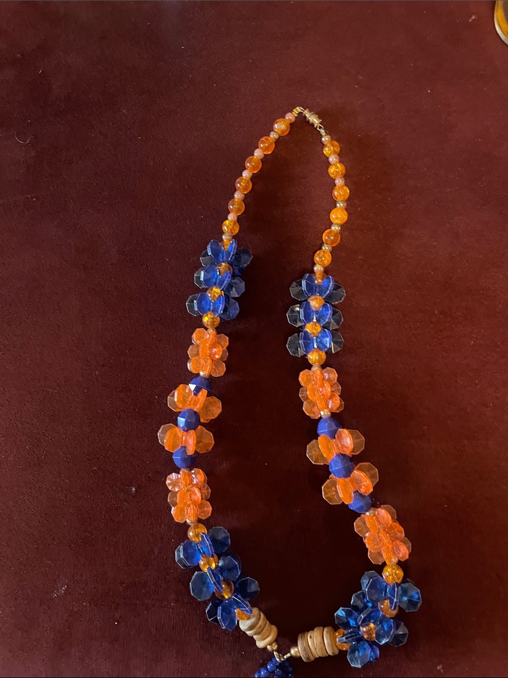 Handcrafted Orange and Blue Beaded Floral Necklace